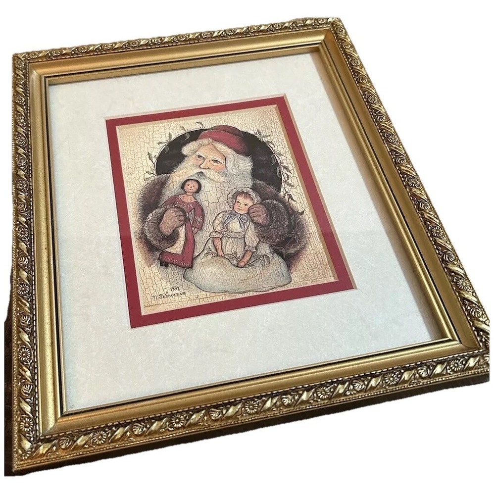 Vtg  N. Schneeman Print Santa Christmas Dolls 1987 Gold Framed Matted Old World